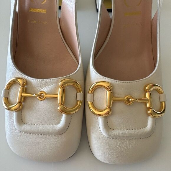 GUCCI Baby Horsebit Slingback Block Heel Pump White Ivory Size EU 40.5 US 10.5 - Picture 2 of 8